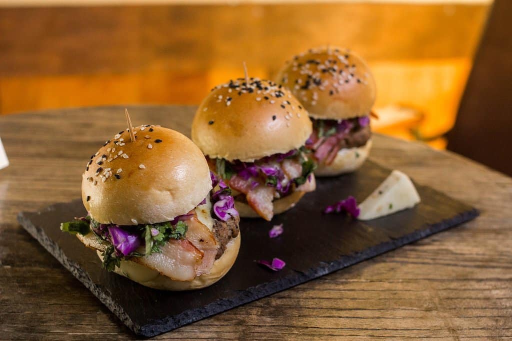 Mini trio of chicken, meat and vegetable burgers