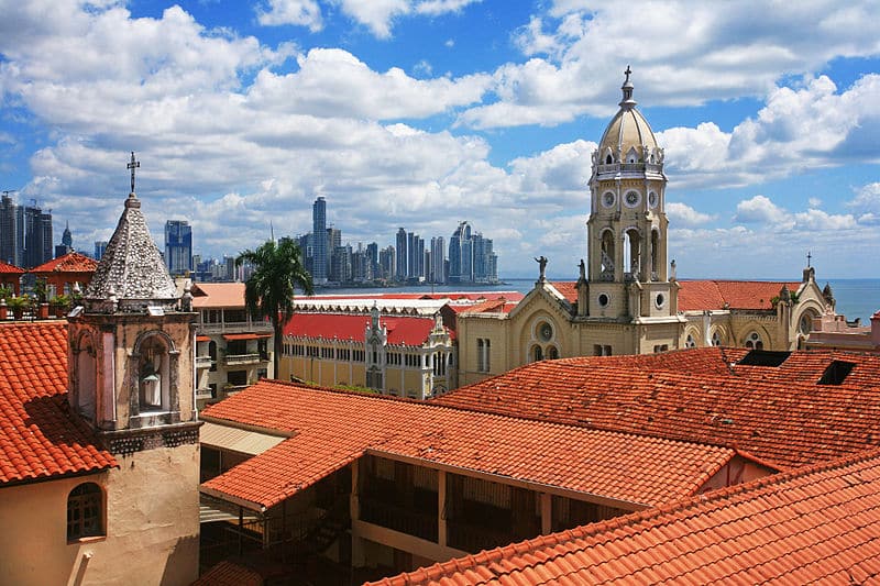 Panoramic view of the Church of San Felipe Neri, the Saint Francis of Assisi church and Panama City