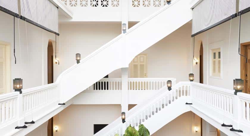 White stairs at the American Trade Hotel in Casco Viejo 