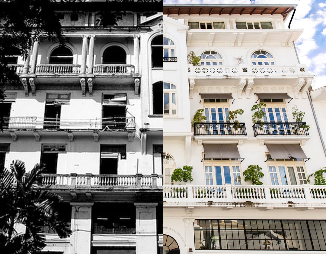 Before and after restoration of the American Trade Hotel