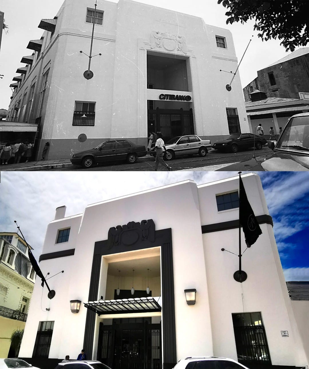 Before and after restoration of the American Trade Hall which used to be Citi Bank Panama