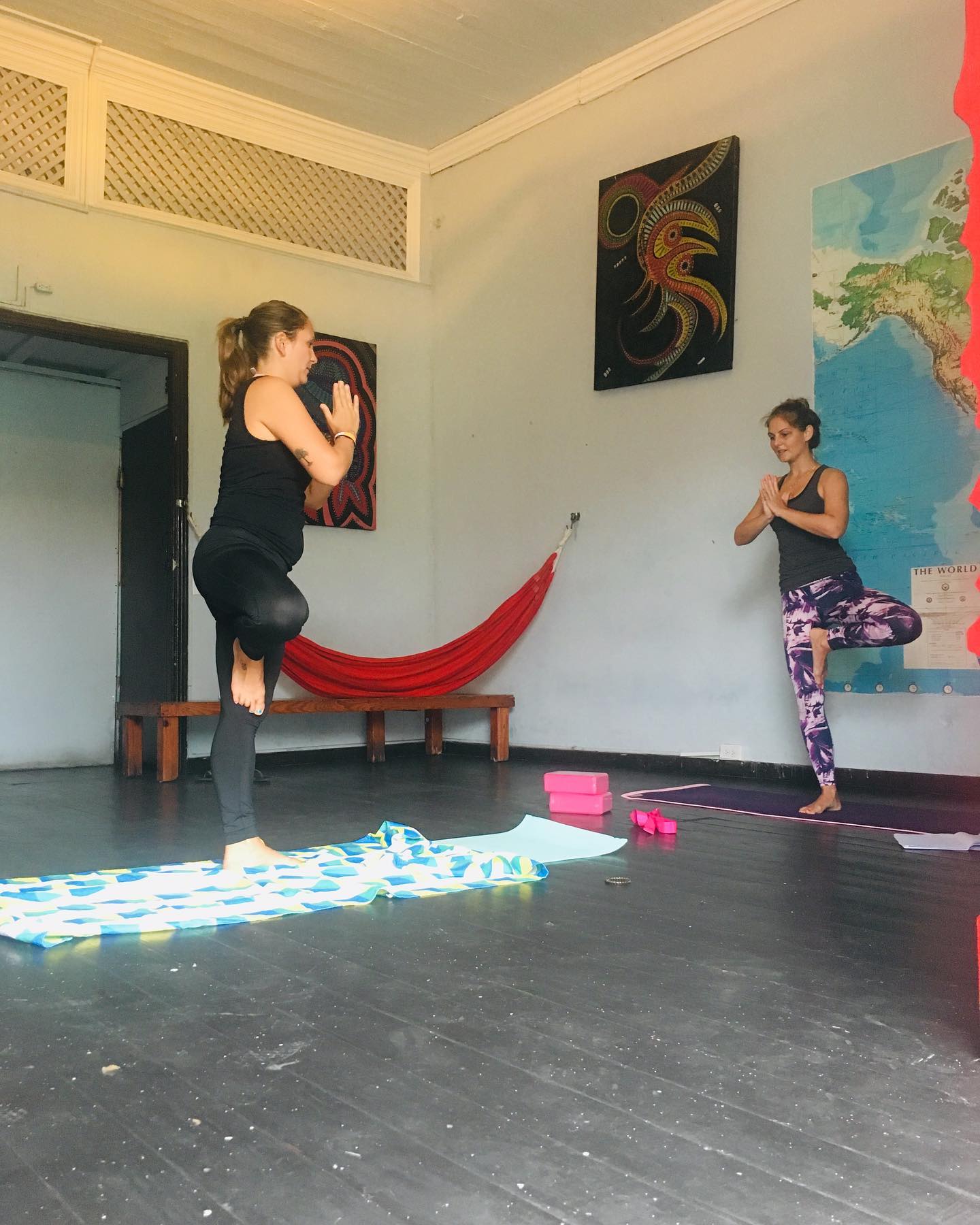 women doing yoga in Lunas Castle Hostel 