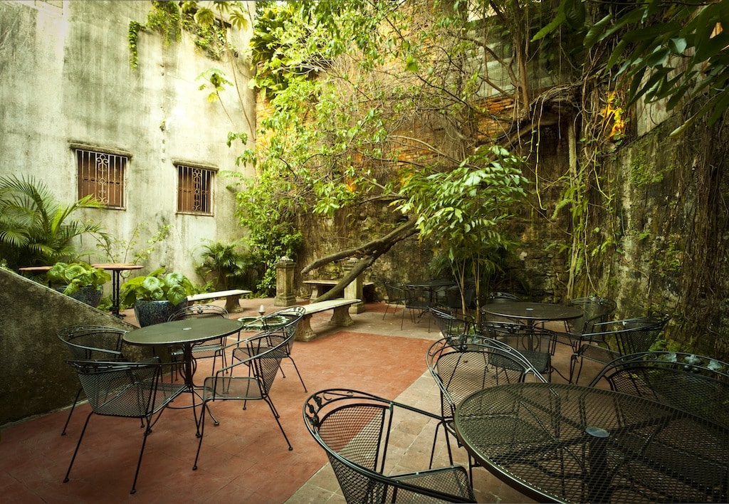 Patio interno con plantas en el Hotel Las Clementinas